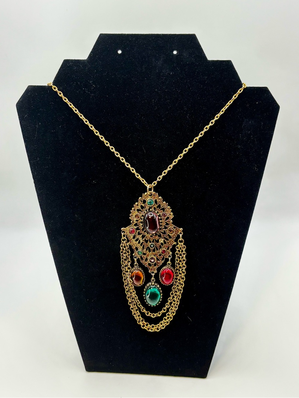 Vintage Etruscan Revival Multi Glass Cabochon 22" Textured Rolo Fringe Necklace